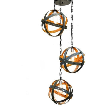Triple Globe Barrel Ring Chandelier - Apex - Made from CA wine barrels, Pendant Cord