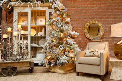 Living room - rustic formal and enclosed light wood floor living room idea in Other with brown walls