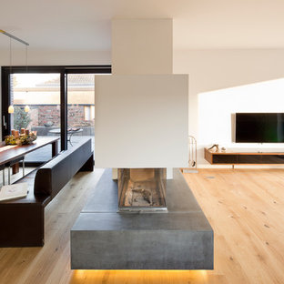 デュッセルドルフの広いコンテンポラリースタイルのLDKの画像 (白い壁、淡色無垢フローリング、両方向型暖炉、漆喰の暖炉まわり)