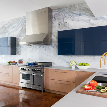 High gloss blue and white modern kitchen