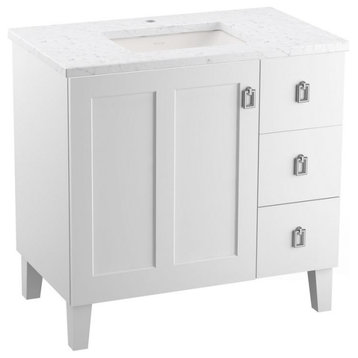 Poplin 36" Bath Vanity Cabinet, Legs, 1 Door, 3 Drawers On Right, Linen White