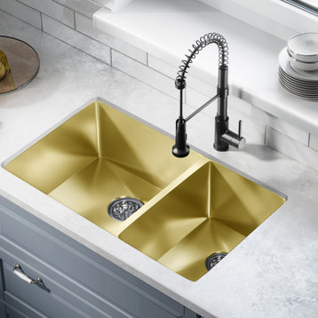 Rivage 33"x20" Stainless Steel, Dual Basin, Undermount Kitchen Sink, Gold