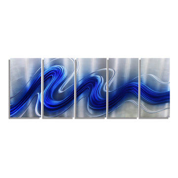 Electric Blue - Jewel-Tone Blue and Silver Hand-Painted Abstract Metal Wall Art