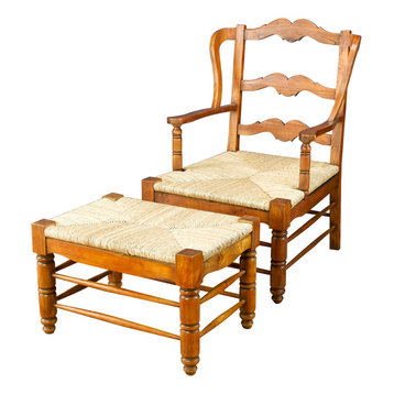 Ladderback Wing Chair With Ottoman, Walnut