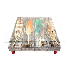 Bird Feather Coffee Table, Whitewashed Wood, Red Legs