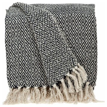 Boho Black and Beige Woven Diamond Pattern Throw With Tassels