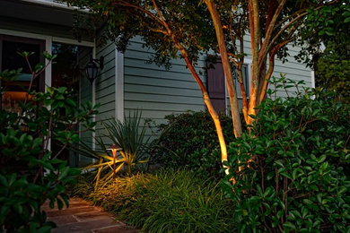 Design ideas for a small contemporary partial sun front yard brick landscaping in Other.