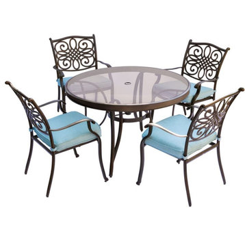 5 Piece Patio Dining Set, Blue Cushioned Chairs & Glass Table With Umbrella Hole