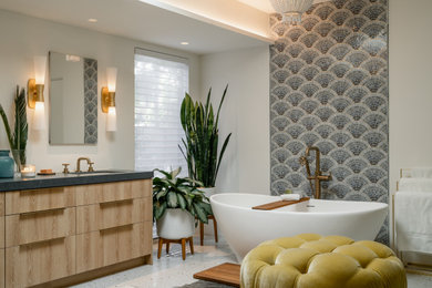Inspiration for a mid-sized 1960s master blue tile and glass tile porcelain tile, multicolored floor and double-sink bathroom remodel in Other with flat-panel cabinets, light wood cabinets, a bidet, white walls, an undermount sink, solid surface countertops, a hinged shower door, gray countertops and a built-in vanity