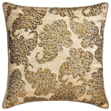 Gold Jacquard Foil Sequins & Foil 24"x24" Throw Pillow Cover - Paisley Treasure