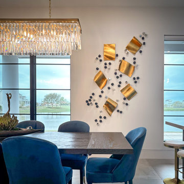 Transitional Dining Room with Blue and Gold Accents