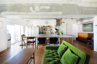 Mountain style open concept medium tone wood floor and brown floor living room photo in Tokyo with white walls