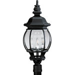 Progress Lighting - Four-Light Post Lantern, Black - Detailed finials, end caps and scroll work in a durable power coat finish, featuring clear beveled glass panels and cast aluminum frames. Four light post lantern