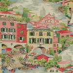 Venice Italy Fabric Pink Toile, Standard Cut - A Venice Italy fabric! This novelty fabric is perfect not only for those who love Venice, Italy but also Venice, California! Buildings of strawberry pink, raspberry pink, and muted gold have deep grass and yellow green shutters. Other details are white, cream, black, pinky brown, tan, and muted gray blue green. Copen blue, the greyed blue green, and cream water sparkles in the canals and becomes the sky behind the buildings. And in the background, behind all, are distant buildings done in tan, cream, and the muted gray blue green.