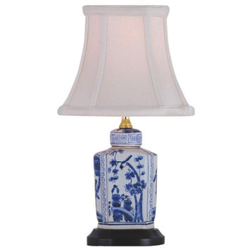 Blue and White Floral Porcelain Tea Caddy Table Lamp 13.5"