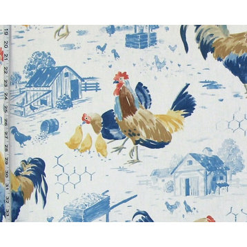 Blue chicken rooster toile fabric  farmhouse decorating cotton material, Standard Cut