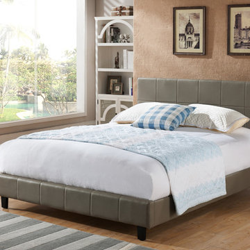 Grey Faux Leather Upholstered Platform Slat Bed (Wood Frame)