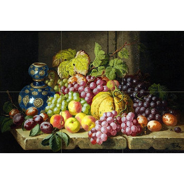 Tile Mural Still Life With Fruits a Pumpkin Vine Peach and Plum, Ceramic Glossy
