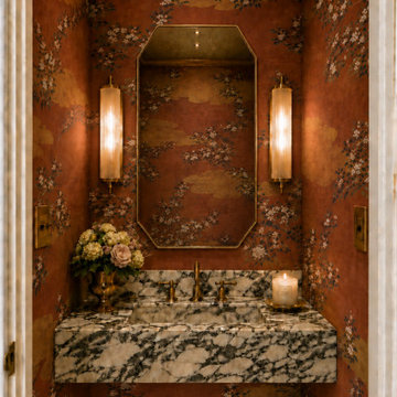 Small powder room with handpainted chinoisiere wallpaper