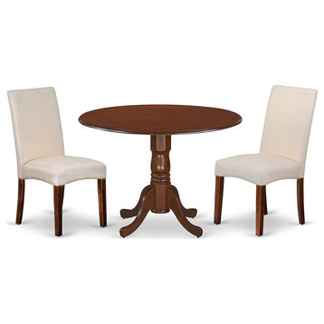 3 Pieces Dining Set, Tabletop With Drop Down Leaves & Padded Chairs, Mahogany