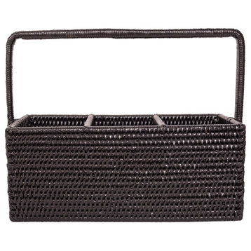 Artifacts Rattan 3 Section Caddy/Cutlery Holder With Handle, Tudor Black