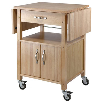 Transitional Kitchen Cart, Cabinet Door & Top With Drop Leaves, Natural Finish