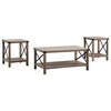 Industrial Coffee Table Set, X-Shaped Metal Sides & Bottom Open Shelf, Grey Wash