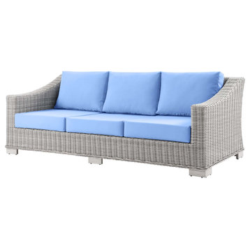 Lounge Sofa, Rattan, Wicker, Gray Blue, Modern, Outdoor Patio Cafe Bistro