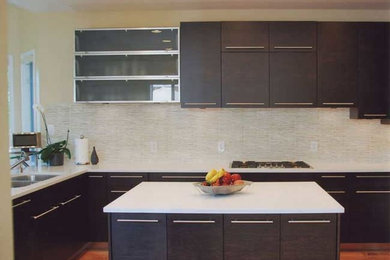 Kitchen - contemporary medium tone wood floor kitchen idea in Denver with dark wood cabinets and an island