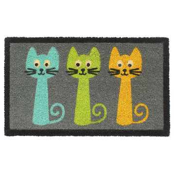 Gray Machine Tufted Three Cats Coir Doormat, 18"x30"