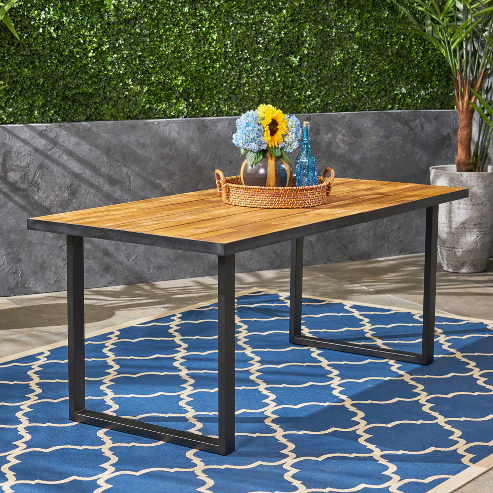 GDF Studio Lane Outdoor 70" Acacia Wood and Iron Dining Table