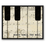 DDCG - Piano Keys And Music Canvas Wall Art, 30"x24", Framed - This premium floating framed canvas features a black and white vintage piano key and music note background design. The wall art is printed on professional grade tightly woven canvas with a durable construction, finished backing, and is built ready to hang. The result is a remarkable piece of wall art that will add elegance and style to any room.