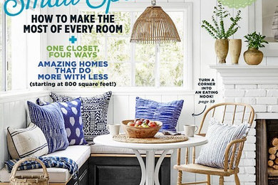 Inspiration for a small eclectic light wood floor open concept kitchen remodel in Los Angeles with a farmhouse sink, shaker cabinets, white cabinets, quartz countertops, white backsplash, mosaic tile backsplash, stainless steel appliances and an island