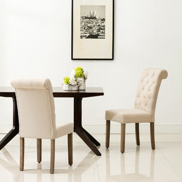 Natalie Roll Top Tufted Linen Fabric Modern Dining Chair (Set of 2)