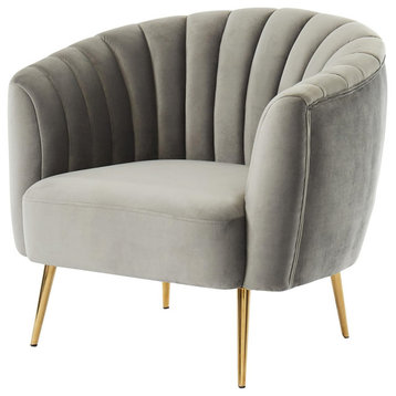Contemporary Accent Chair, Golden Sleek Legs and Channel Tufted Curved Back