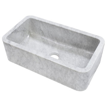Single Bowl Kitchen Sink, Carrara White Marble With Polished Apron