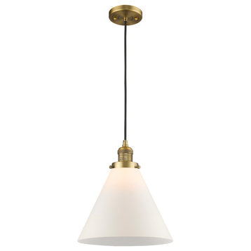 X-Large Cone 1-Light LED Pendant, Brushed Brass, Glass: Matte White Cased