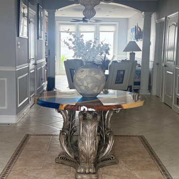 48” Round Epoxy River Table – Walnut Wood with Ocean-Inspired Blue Resin Design