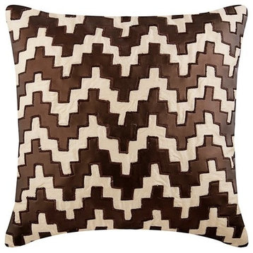 Brown Pillow Cover, Faux Leather Applique 16"x16" Faux Leather, Take The Stairs