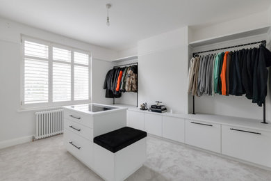 Design ideas for a medium sized modern walk-in wardrobe in Hertfordshire with flat-panel cabinets, white cabinets, carpet, grey floors and a feature wall.