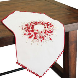 Xia Home Fashions - Handmade Holiday Berry Wreath Ribbon/Pom Pom Double Layer Table Runner - Table Runners