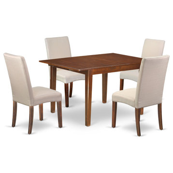 5Pc 42/54" Dining Table, 12 In Butterfly Leaf, Four Chair, Mahogany Leg, Cream