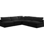 Meridian Furniture - Plush Velvet / Down Standard Comfort L-Shaped Modular Sectional, Black, 5-Piece: 4 Armless Chair, 1 Corner Chair - No matter how big or little the size of your gang, they can all find their sweet spot when you choose pieces from the Plush collection to build your ideal seating group. Choose this individual five-piece set or pair multiple pieces together to get the custom look everyone will love. The soft black velvet material is soft and welcoming to the touch, and the set's cushions are overstuffed with a down and feather blend to provide ample support for tired bodies.