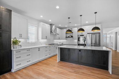Example of a small eclectic l-shaped kitchen design in DC Metro with shaker cabinets, black cabinets, quartz countertops, white backsplash and an island