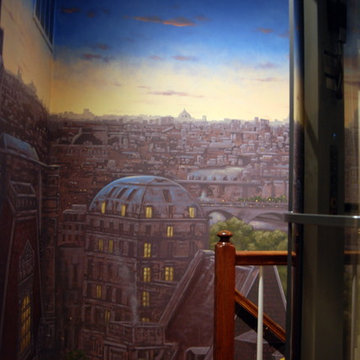 Paris Panorama 360 degree Mural hand painted throughout a 17 foot stairway