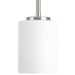 Progress Lighting - Replay Collection 1-Light Mini-Pendant, Brushed Nickel - Replay features a linear form that provides a pleasingly elegant accent to your home. A sleek, metallic finish is complemented by white glass diffusers for a clean, modern silhouette. Uses Three 100 W Medium Base bulbs (not included).