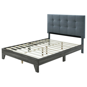 Hodedah Full Platform Bed with Upholstered Headboard and Wooden Frame in Gray
