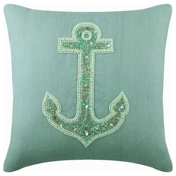 Designer 24"x24" Anchor Beaded Dull Blue Linen Pillow Cover, Lost Anchor