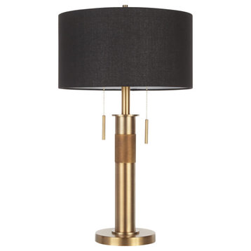 Trophy Industrial Table Lamp, Antique Brass With Black Linen Shade
