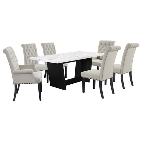 Pemberly Row 7-piece Rectangular Marble Top Dining Set Sand and White